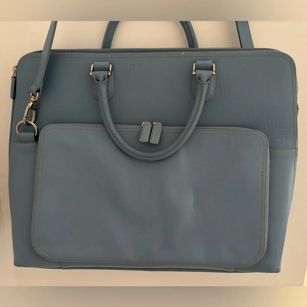 Levenger 100% Leather Light Blue Briefcase with Removable Shoulder Strap $450